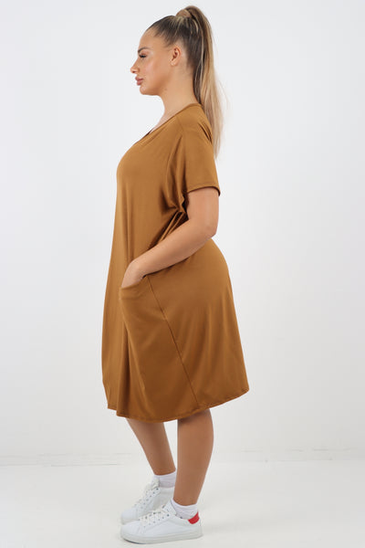 Italian Plain Side Pockets Round Neck Midi Dress