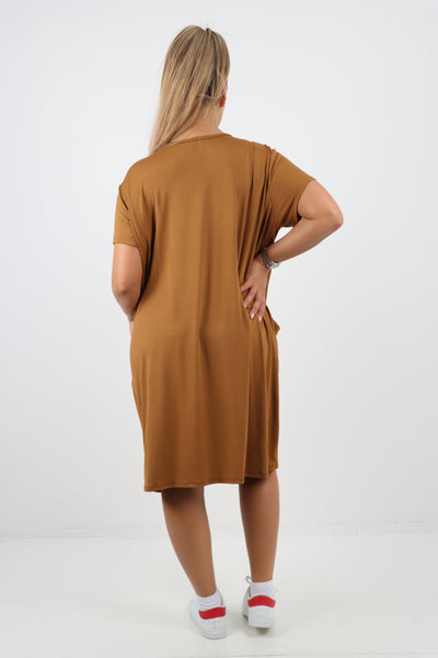 Italian Plain Side Pockets Round Neck Midi Dress