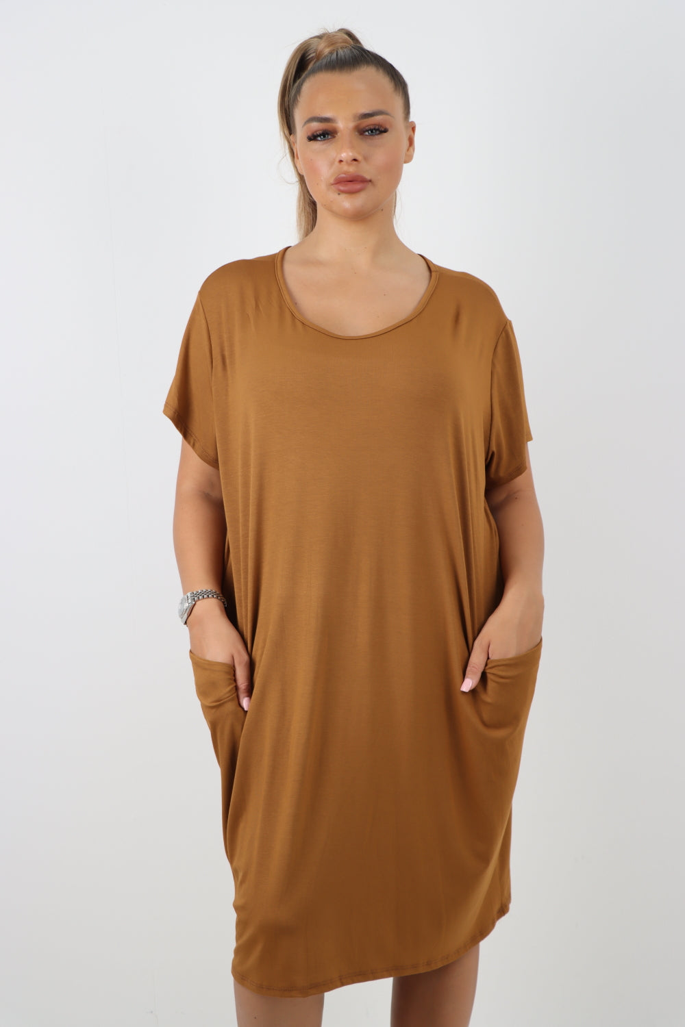 Italian Plain Side Pockets Round Neck Midi Dress