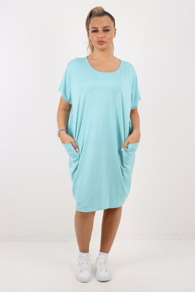 Italian Plain Side Pockets Round Neck Midi Dress