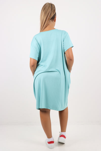 Italian Plain Side Pockets Round Neck Midi Dress