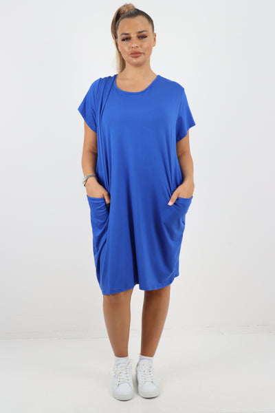 Italian Plain Side Pockets Round Neck Midi Dress