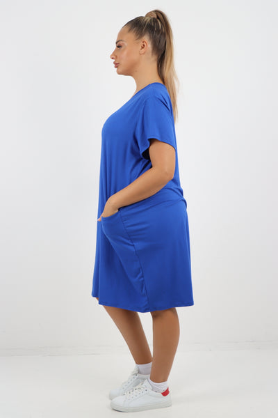 Italian Plain Side Pockets Round Neck Midi Dress