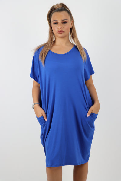 Italian Plain Side Pockets Round Neck Midi Dress