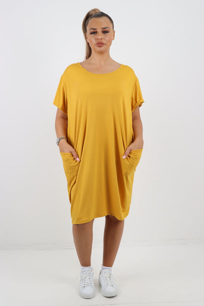 Italian Plain Side Pockets Round Neck Midi Dress