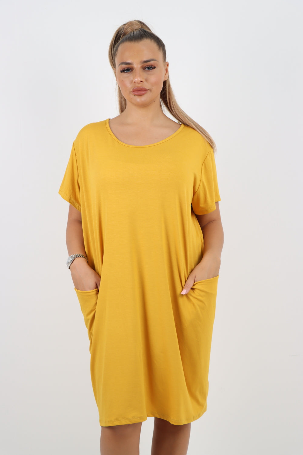 Italian Plain Side Pockets Round Neck Midi Dress