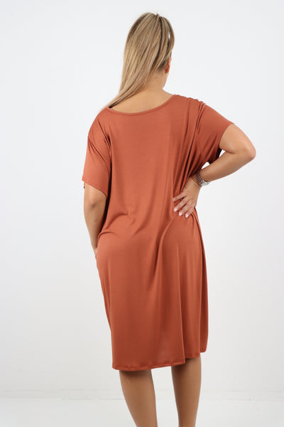 Italian Plain Side Pockets Round Neck Midi Dress