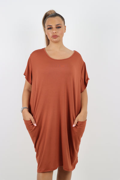 Italian Plain Side Pockets Round Neck Midi Dress