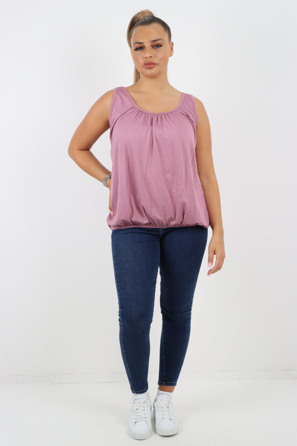 Italian Plain Basic Elasticated Hem Vest top