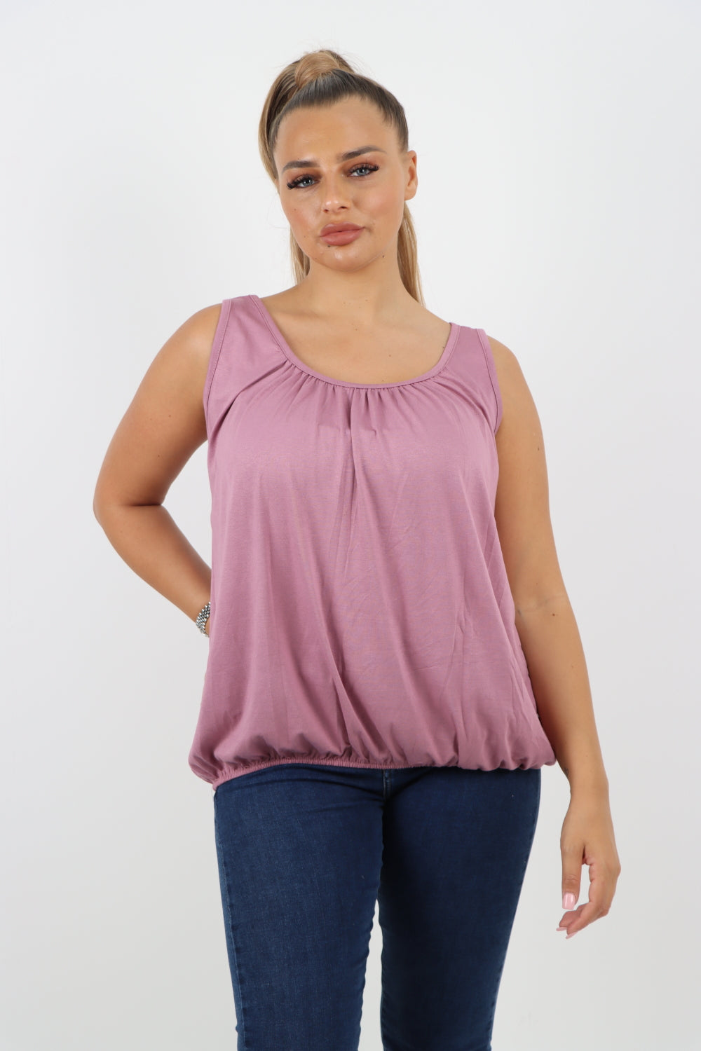 Italian Plain Basic Elasticated Hem Vest top