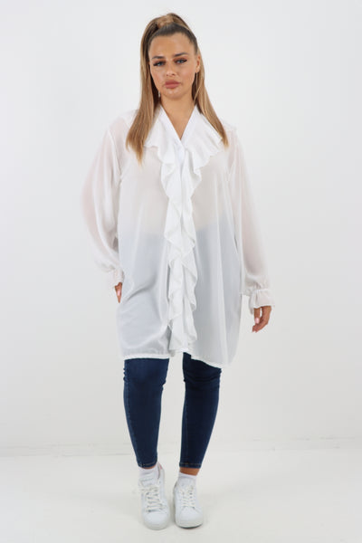 Italian Ruffle Elasticated Long Sleeve V Neck Blouse Tunic Top