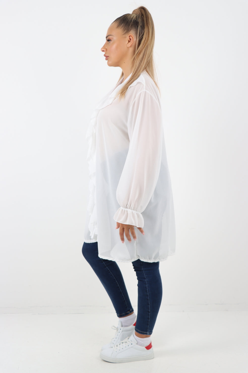 Italian Ruffle Elasticated Long Sleeve V Neck Blouse Tunic Top