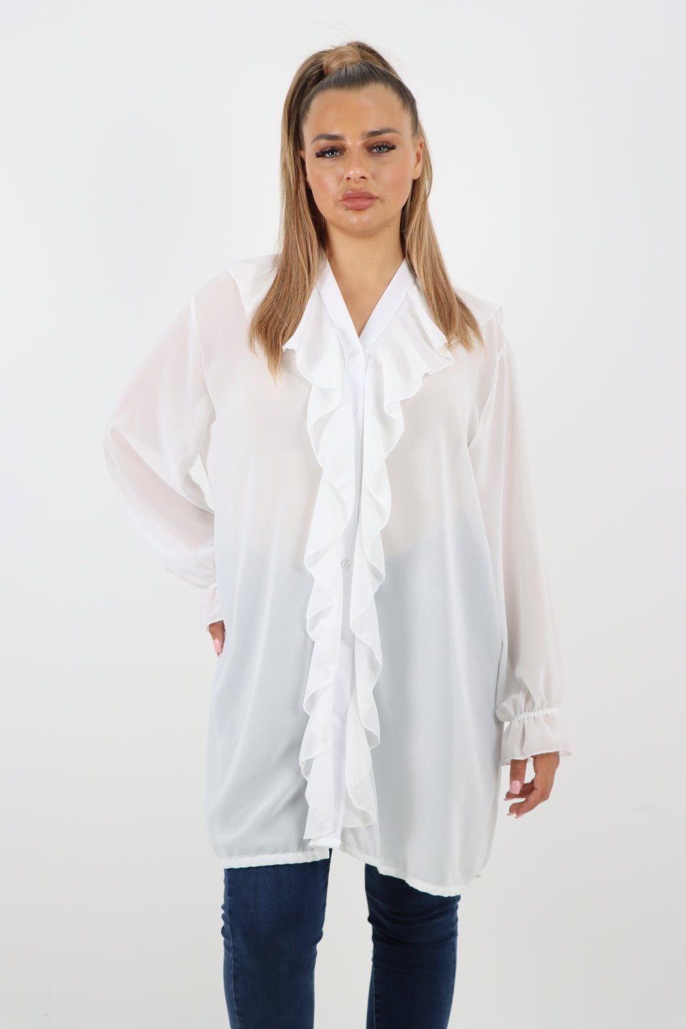 Italian Ruffle Elasticated Long Sleeve V Neck Blouse Tunic Top