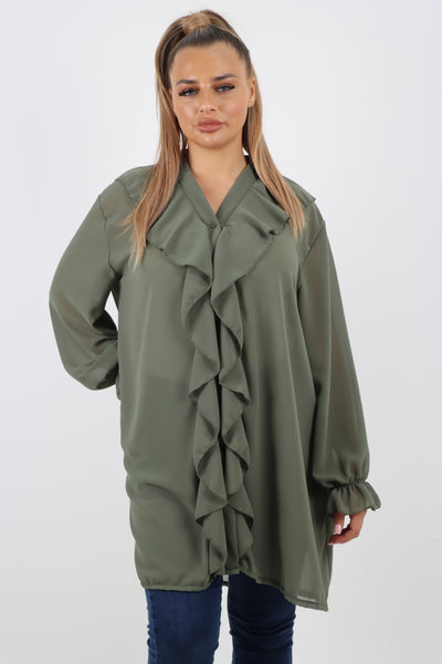 Italian Ruffle Elasticated Long Sleeve V Neck Blouse Tunic Top