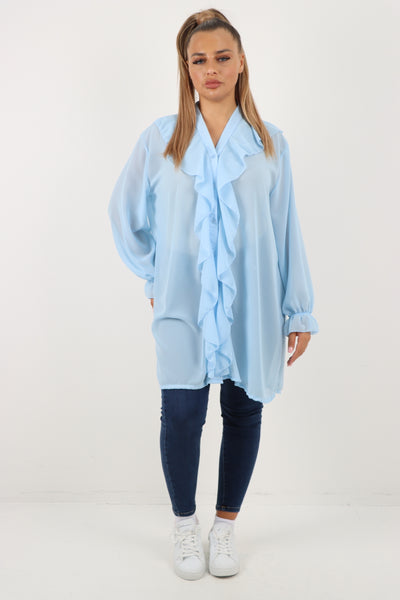 Italian Ruffle Elasticated Long Sleeve V Neck Blouse Tunic Top