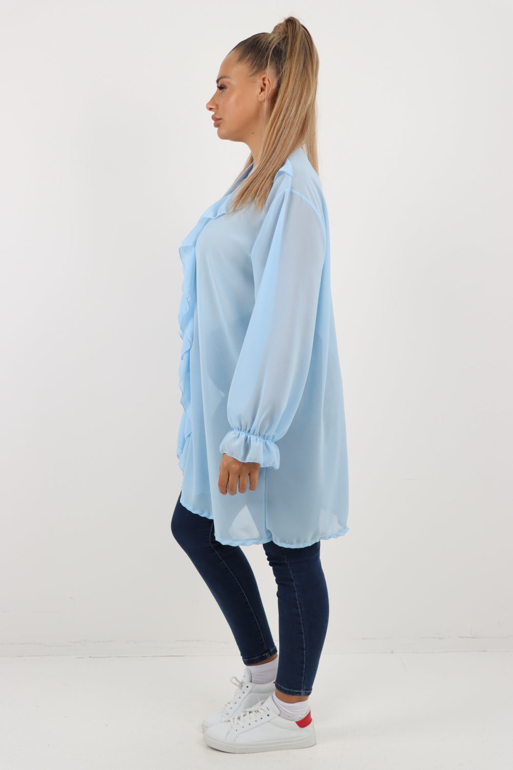 Italian Ruffle Elasticated Long Sleeve V Neck Blouse Tunic Top