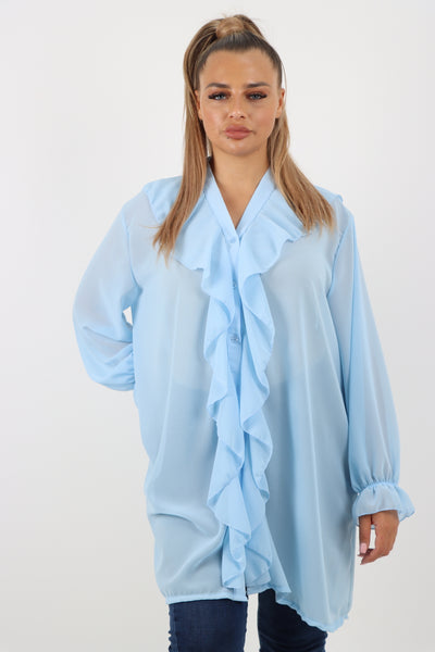 Italian Ruffle Elasticated Long Sleeve V Neck Blouse Tunic Top