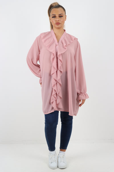 Italian Ruffle Elasticated Long Sleeve V Neck Blouse Tunic Top