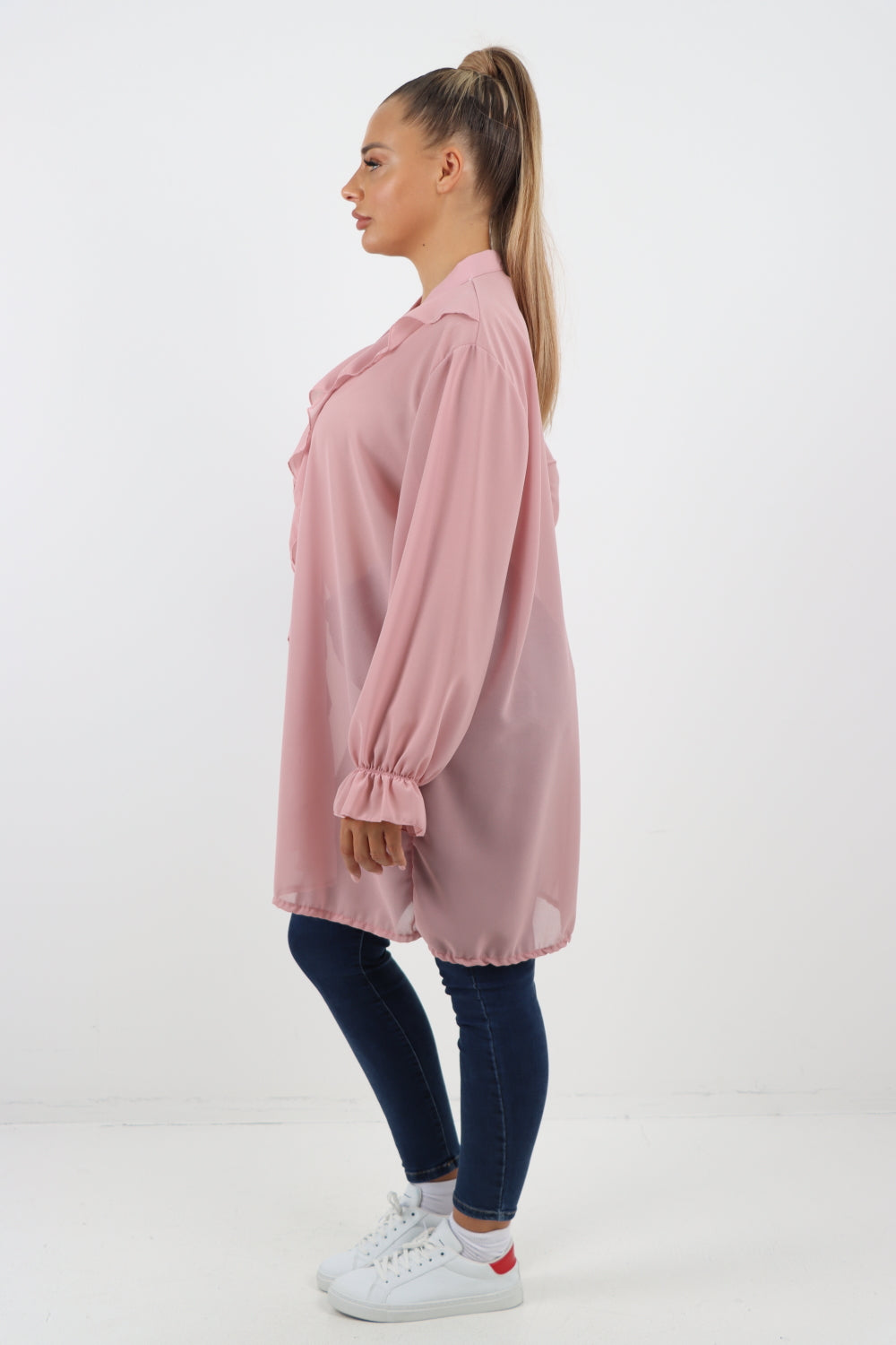 Italian Ruffle Elasticated Long Sleeve V Neck Blouse Tunic Top