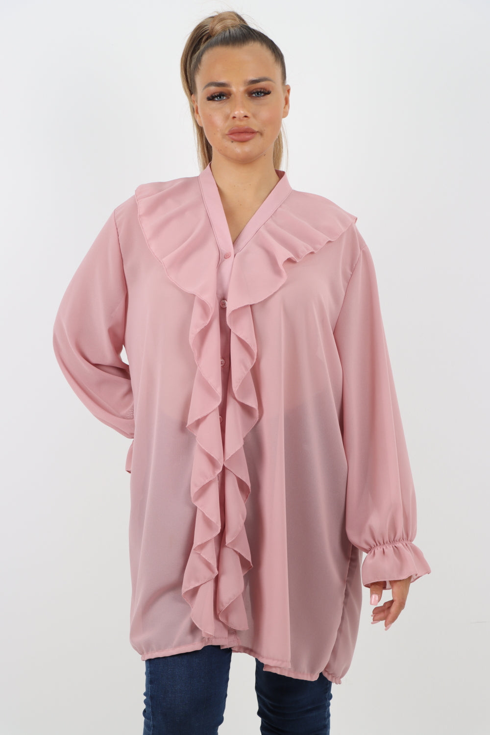 Italian Ruffle Elasticated Long Sleeve V Neck Blouse Tunic Top