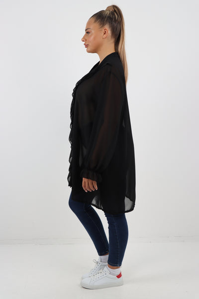 Italian Ruffle Elasticated Long Sleeve V Neck Blouse Tunic Top