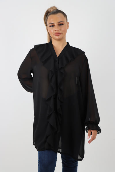 Italian Ruffle Elasticated Long Sleeve V Neck Blouse Tunic Top