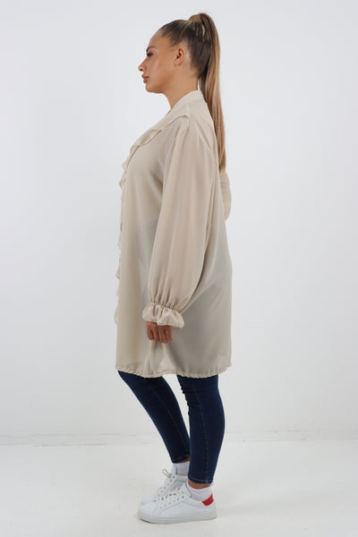 Italian Ruffle Elasticated Long Sleeve V Neck Blouse Tunic Top