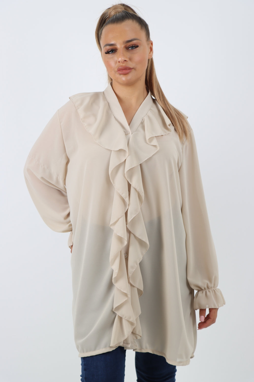 Italian Ruffle Elasticated Long Sleeve V Neck Blouse Tunic Top