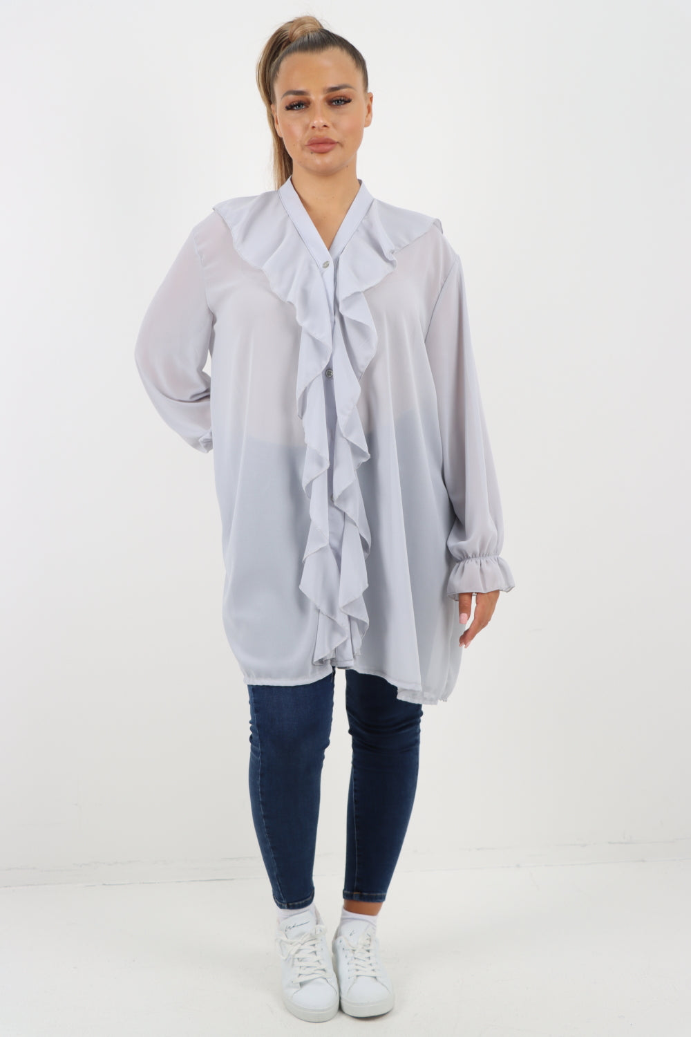 Italian Ruffle Elasticated Long Sleeve V Neck Blouse Tunic Top