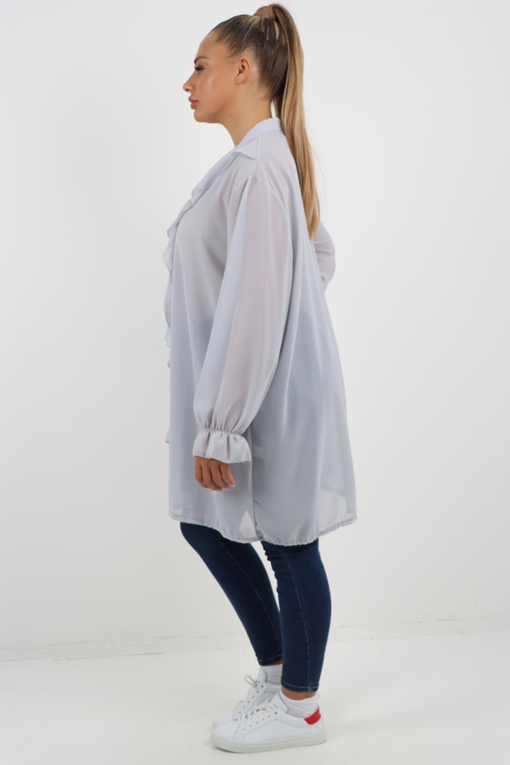 Italian Ruffle Elasticated Long Sleeve V Neck Blouse Tunic Top