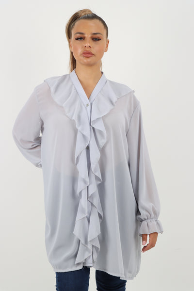 Italian Ruffle Elasticated Long Sleeve V Neck Blouse Tunic Top