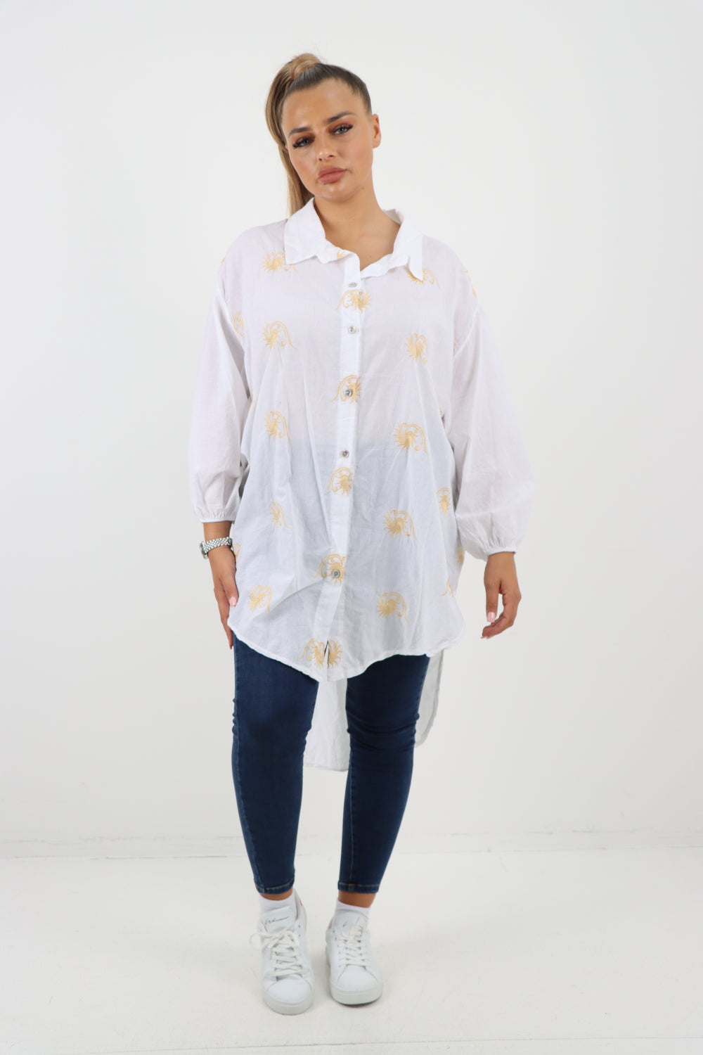 Italian Sunburst Print Dip Hem Cotton Shirt Top