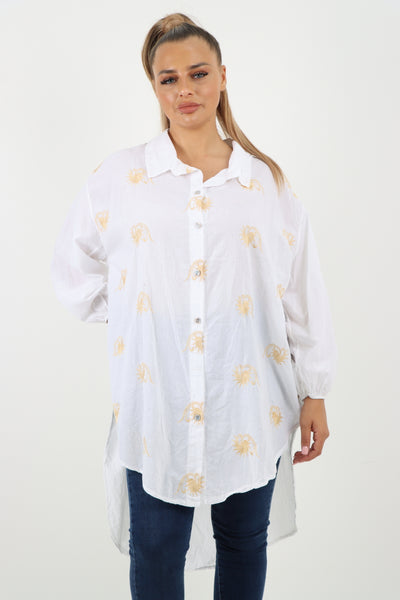 Italian Sunburst Print Dip Hem Cotton Shirt Top