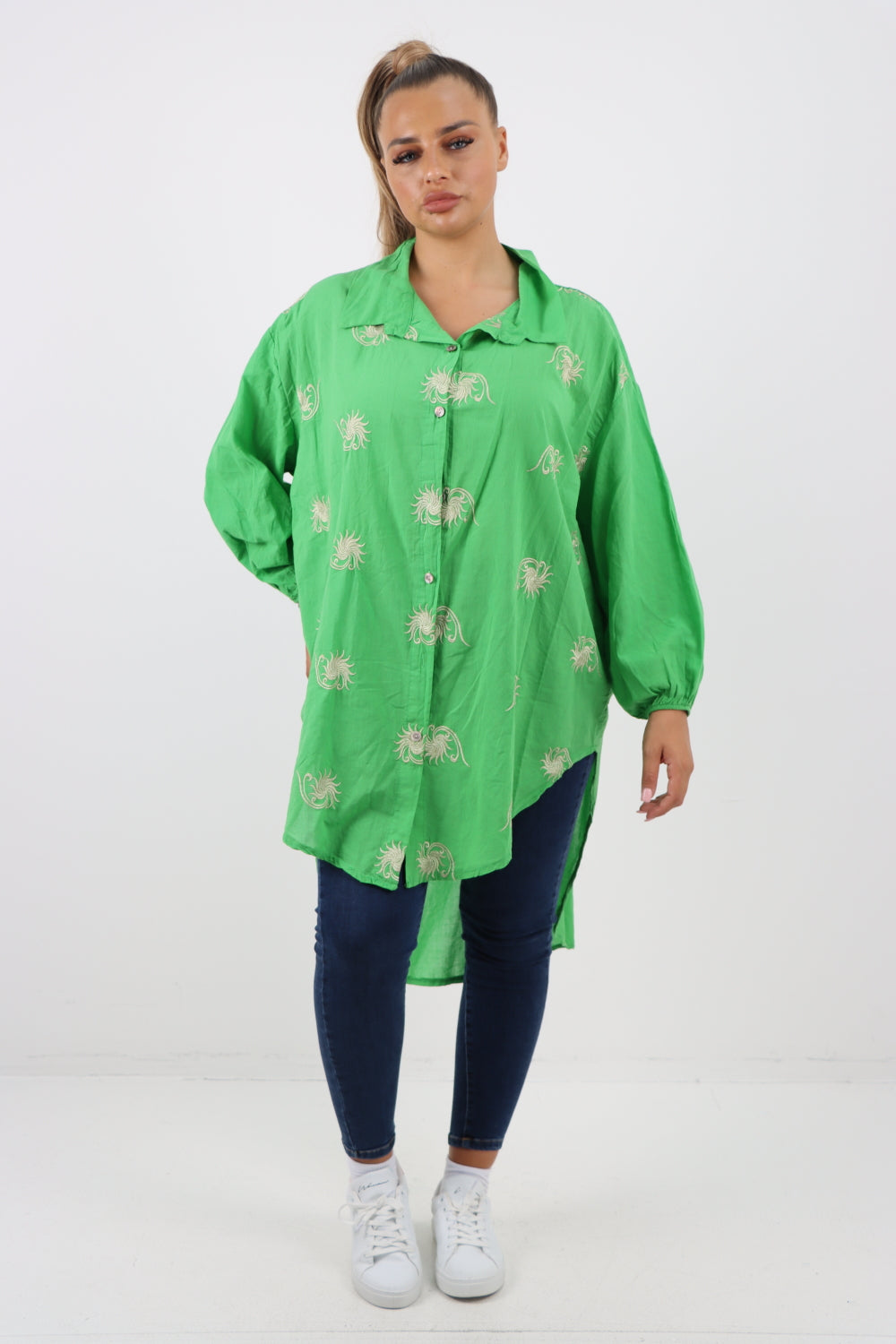 Italian Sunburst Print Dip Hem Cotton Shirt Top