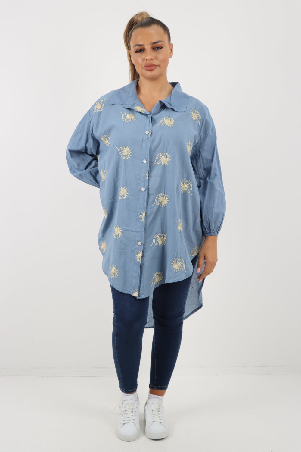 Italian Sunburst Print Dip Hem Cotton Shirt Top