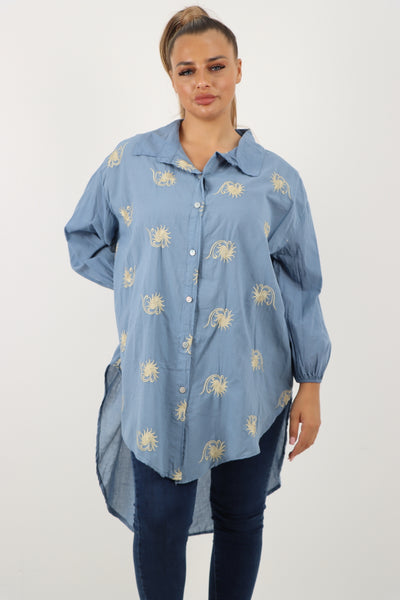 Italian Sunburst Print Dip Hem Cotton Shirt Top