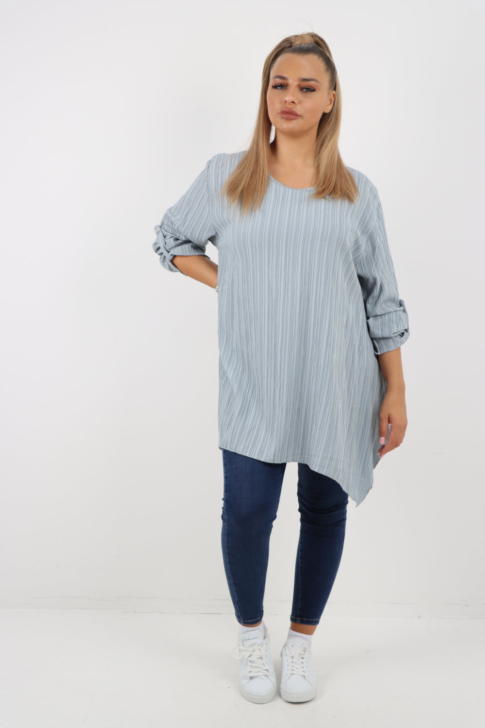 Italian Plain Round Neck Button Turn Up Sleeves Hanky Hem Tunic Top