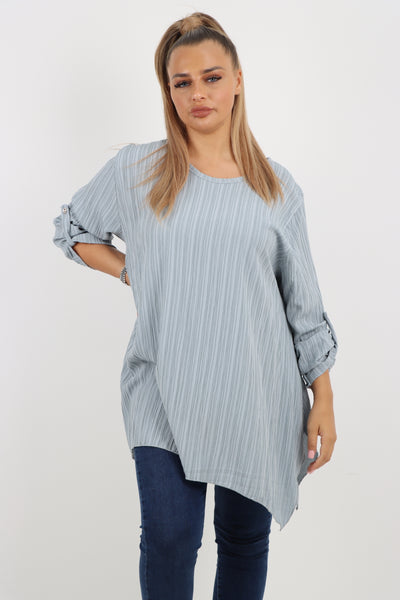 Italian Plain Round Neck Button Turn Up Sleeves Hanky Hem Tunic Top