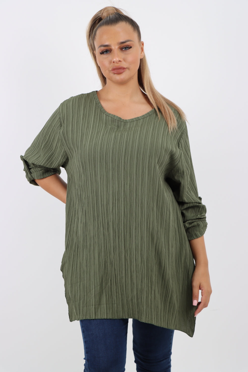 Italian Plain Round Neck Button Turn Up Sleeves Hanky Hem Tunic Top