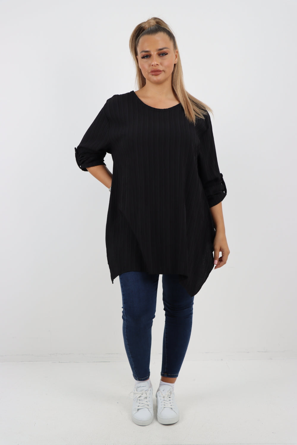 Italian Plain Round Neck Button Turn Up Sleeves Hanky Hem Tunic Top