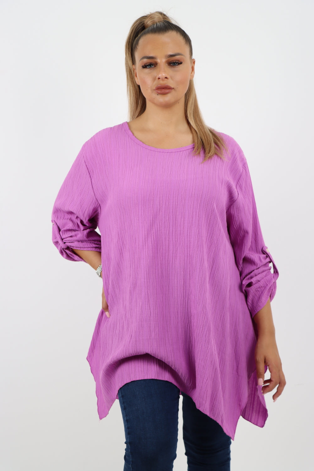 Italian Plain Round Neck Button Turn Up Sleeves Hanky Hem Tunic Top