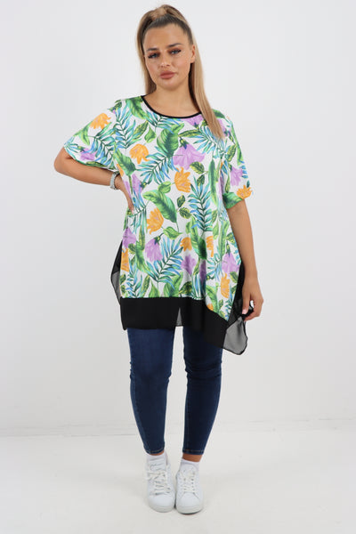 Italian Printed  Hanky Hem Side Slit Round Neck Tunic Top