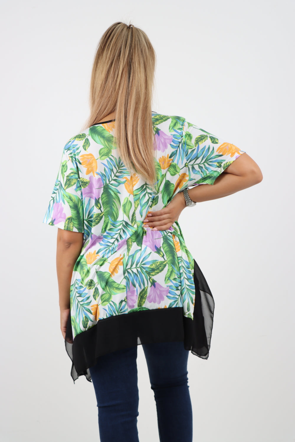 Italian Printed  Hanky Hem Side Slit Round Neck Tunic Top