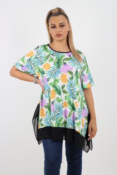 Italian Printed  Hanky Hem Side Slit Round Neck Tunic Top