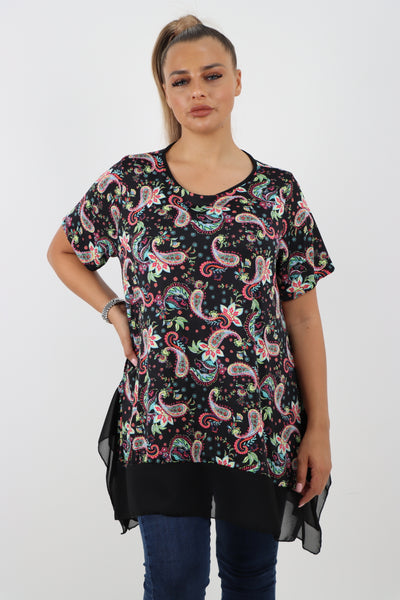 Italian Printed  Hanky Hem Side Slit Round Neck Tunic Top