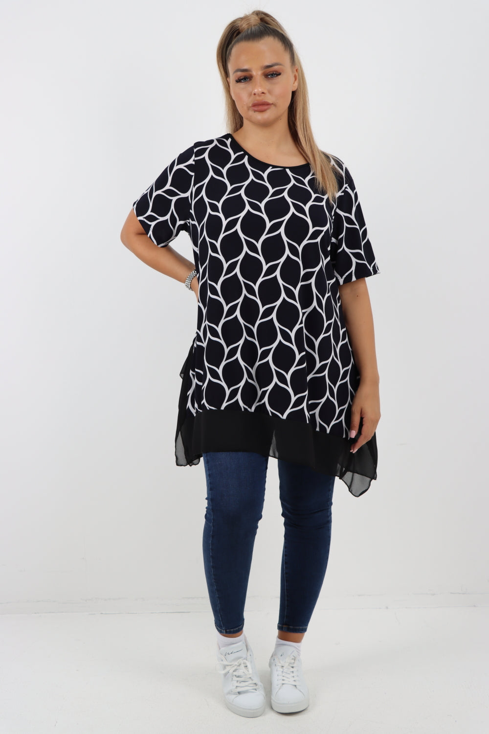 Italian Printed  Hanky Hem Side Slit Round Neck Tunic Top