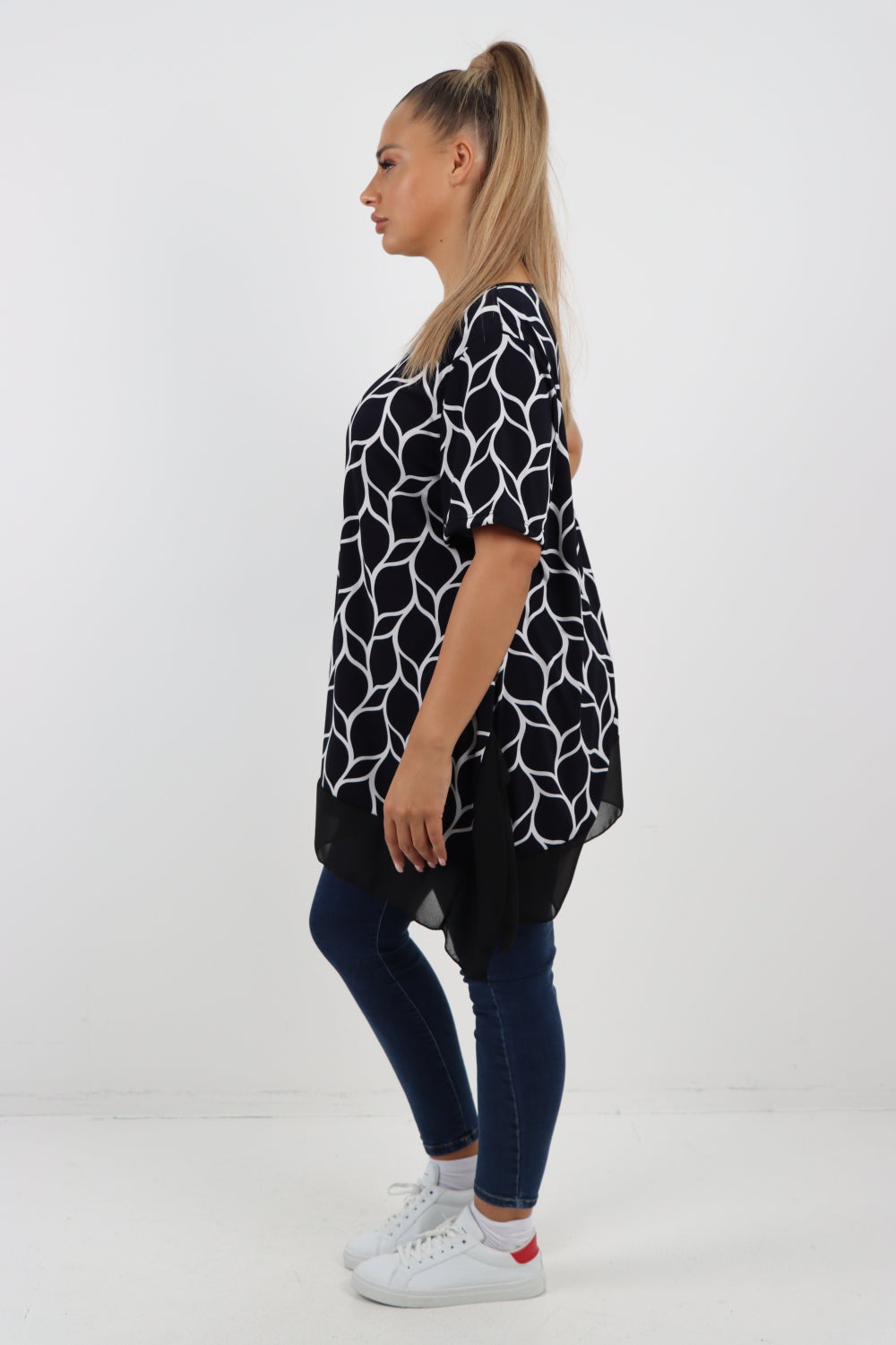 Italian Printed  Hanky Hem Side Slit Round Neck Tunic Top