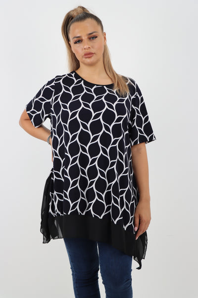 Italian Printed  Hanky Hem Side Slit Round Neck Tunic Top