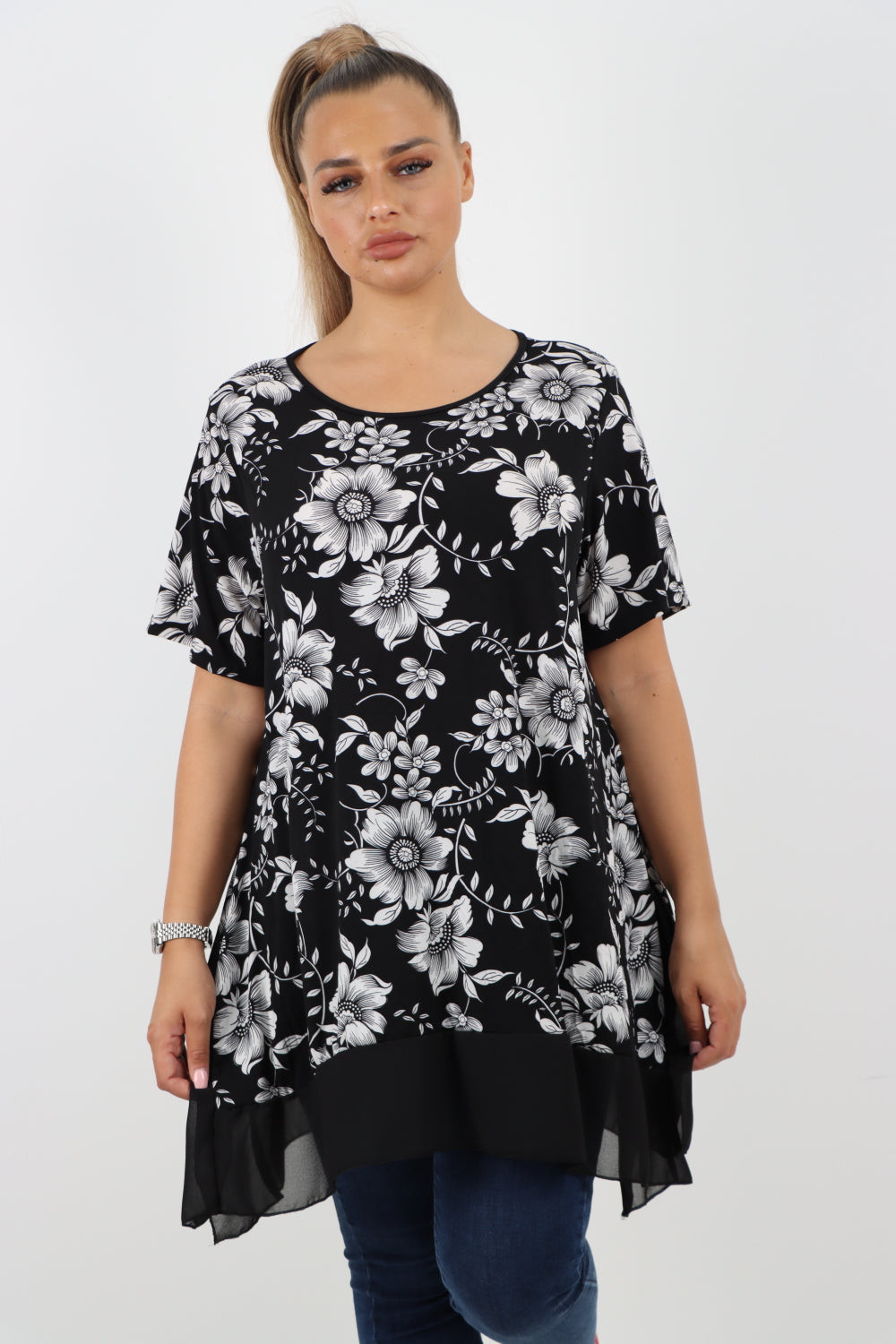 Italian Printed  Hanky Hem Side Slit Round Neck Tunic Top