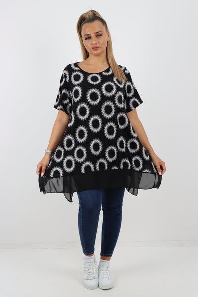 Italian Printed  Hanky Hem Side Slit Round Neck Tunic Top